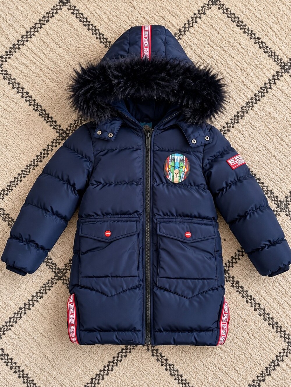 Marvel Blue Puffer Jacket with Faux-Fur Hood and Colorful Patch